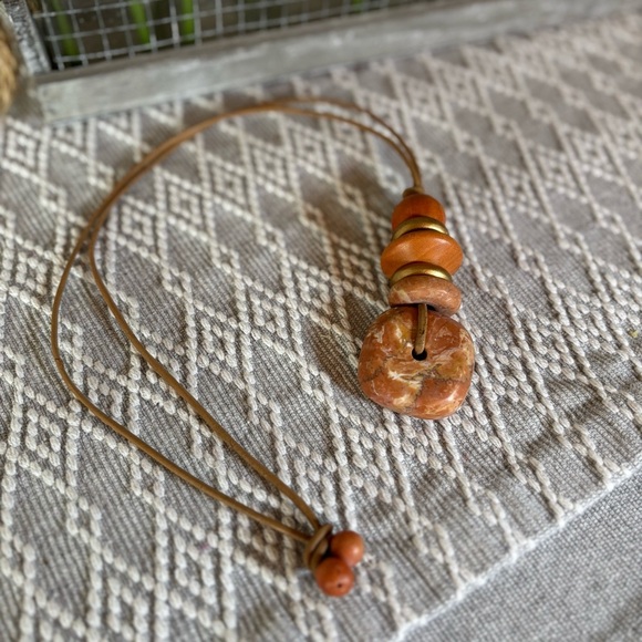 Coral, peach and gold toned mixed pendant with leather adjustable cord. - Picture 2 of 5